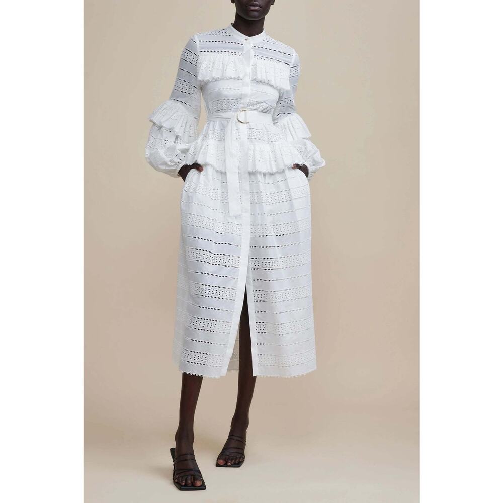 Acler Valentine Ivory Broderie Cotton Midi Dress Long Sleeve Sz 2